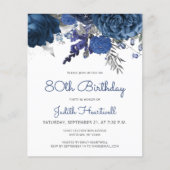 Papier Budget Blue Silver Floral 80e anniversaire Invitat (Devant)