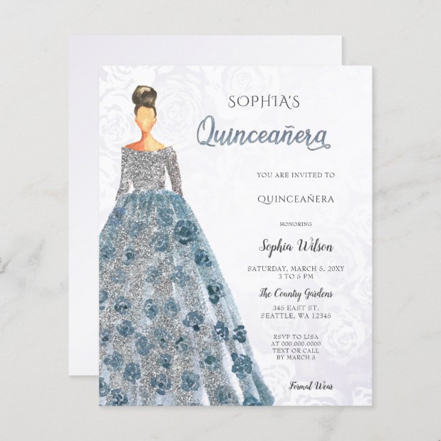Papier Budget Blue Sparkle Robe Quinceanera Invitation (Devant / Derrière)