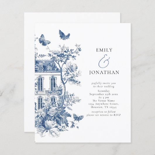 Papier Budget Blue Toile De Jouy QR Code Mariage Invitati (Devant / Derrière)