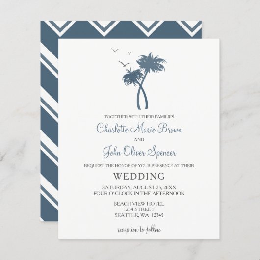 Papier Budget Blue Tropical Palm Tree Invitations de mari (Devant / Derrière)