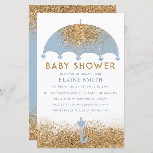 Papier Budget Blue Umbrella Boy Baby shower Invitation (Devant / Derrière)
