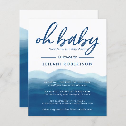 Papier Budget Blue Watercolor Baby Boy Shower Invitation (Devant / Derrière)
