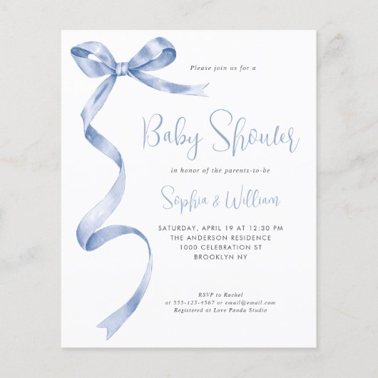 Papier Budget Blue Watercolor Bow Ribbon Bow Baby shower (Devant)