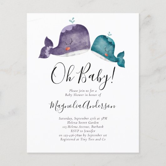 Papier BUDGET Blue Whale Oh Baby shower Invitation (Devant)
