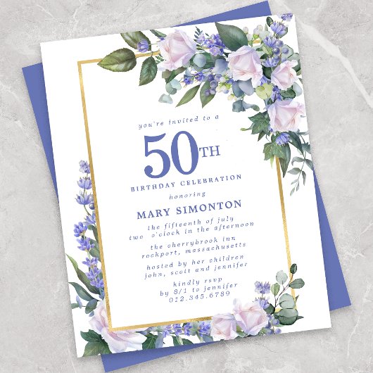 Papier Budget Blue White Floral Invitation 50e anniversai