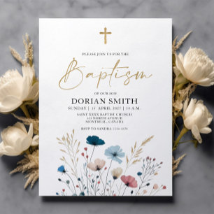Papier Budget Blue Wild Flowers Boy Baptism invitation