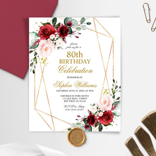 Papier Budget Blush & Bourgogne Invitation du 80e anniver