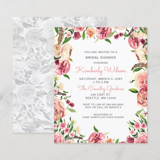 Papier Budget Blush Coral Floral Invitation de douche nup (Devant / Derrière)