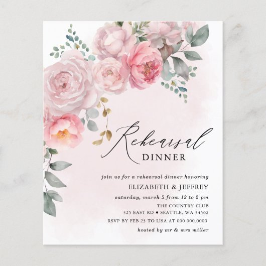 Papier Budget Blush Floral Répétition Dîner Invitations (Devant)