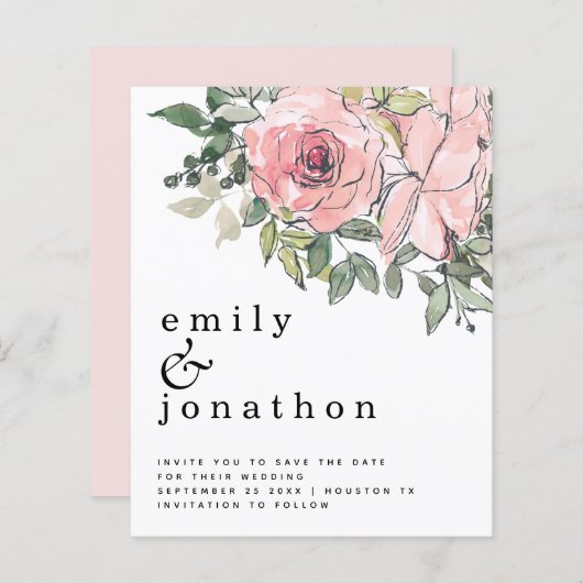 Papier Budget Blush Florals Mariage Enregistrer La Date (Devant / Derrière)