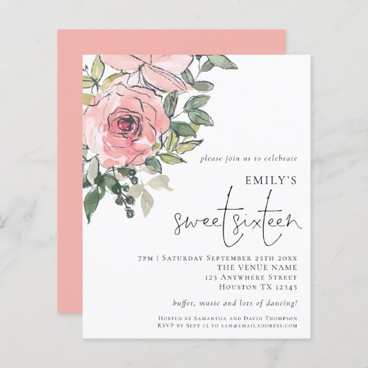 Papier Budget Blush Florals Sweet 16 Invitation (Devant / Derrière)