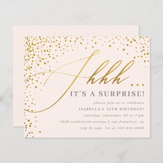 Papier Budget Blush & Gold Confetti Script Surprise Party (Devant / Derrière)