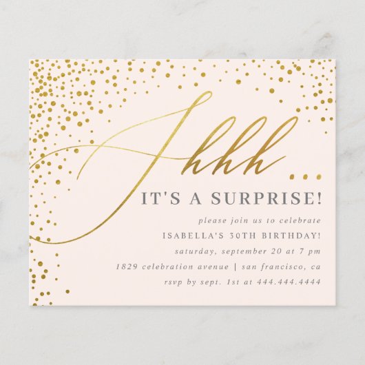 Papier Budget Blush & Gold Confetti Script Surprise Party (Devant)
