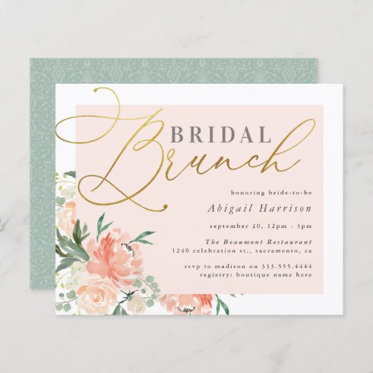 Papier Budget Blush & Gold Script Floral Bridal Brunch (Devant / Derrière)