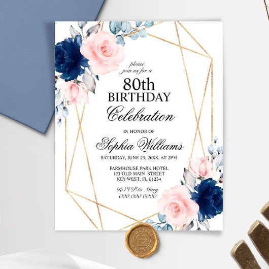 Papier Budget Blush & Navy Tout âge Anniversaire Invitati