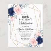 Papier Budget Blush & Navy Tout âge Anniversaire Invitati (Devant)