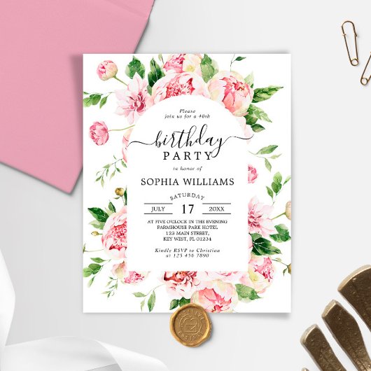 Papier Budget Blush Peonies Anniversaire Fête Invitation