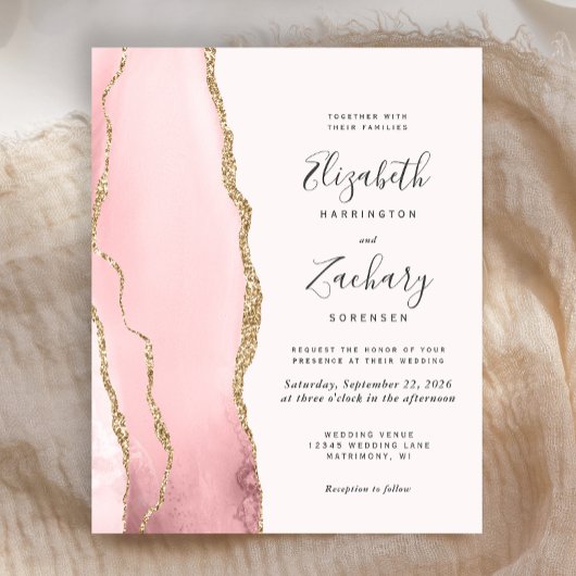 Papier Budget Blush Pink Gold Agate Faire-part de mariage