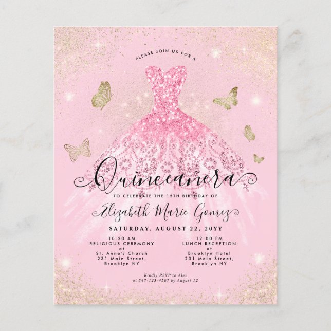 Papier Budget Blush Pink Gold Gown Quinceanera Invitation (Devant)