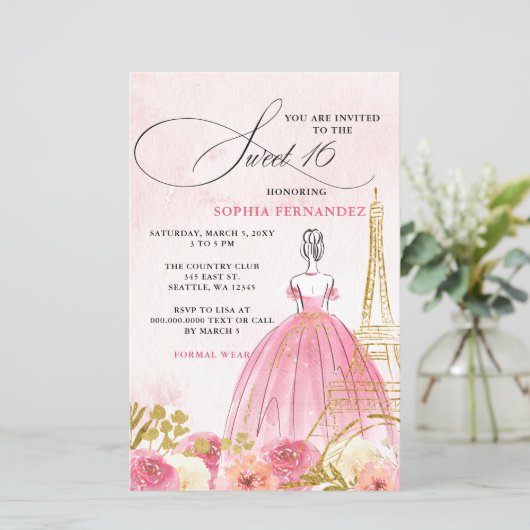 Papier Budget Blush Pink Or Tour Eiffel Paris Sweet 16 (Debout devant)