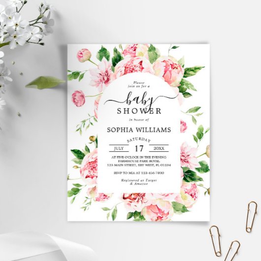 Papier Budget Blush Pink Peonies Baby shower Invitation