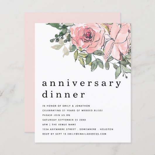 Papier Budget Blush rose Floral Anniversaire Dîner Invita (Devant / Derrière)