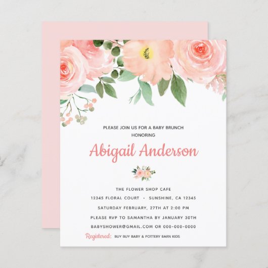 Papier Budget Blush rose Floral Baby Brunch Invitation (Devant / Derrière)