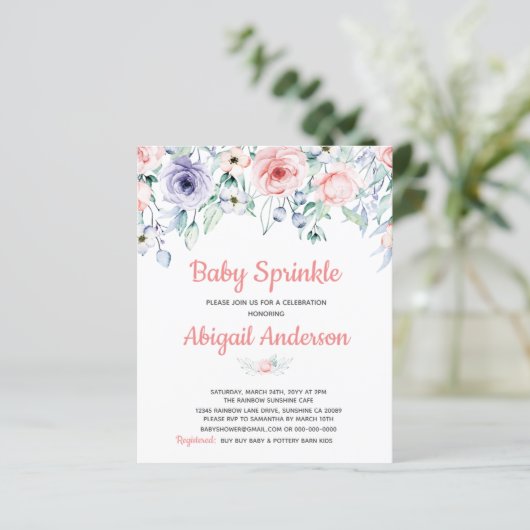 Papier Budget Blush rose Floral Baby Sprinkle Invitation (Debout devant)