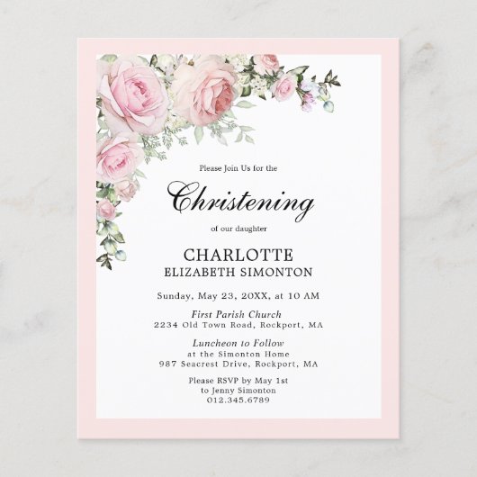 Papier Budget Blush Rose Floral Christening Invitation (Devant)