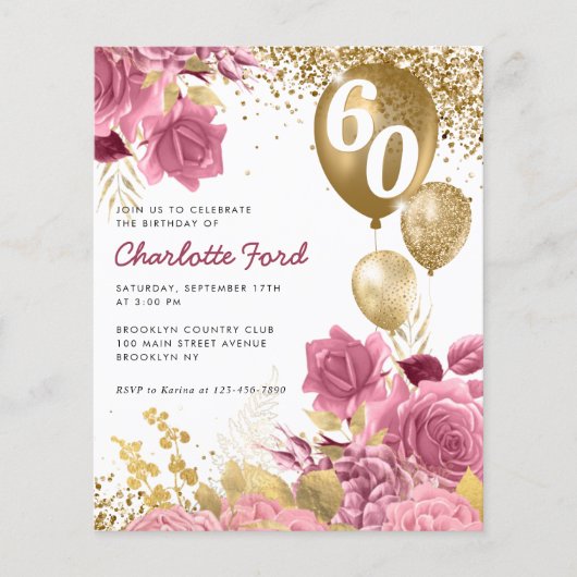 Papier Budget Blush rose floral or ballon Anniversaire (Devant)