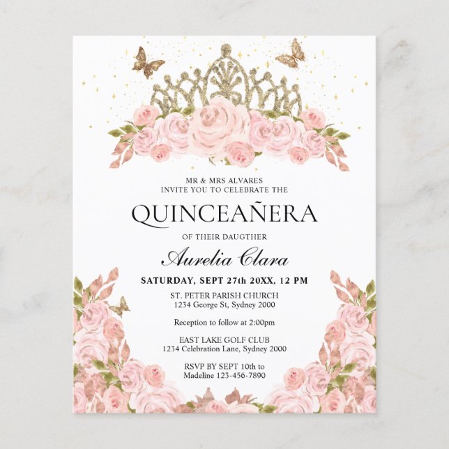 Papier BUDGET Blush rose Floral Or Tiara Quinceanera (Devant)