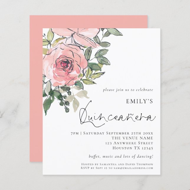 Papier Budget Blush rose Florals Quinceañera Invitation (Devant / Derrière)