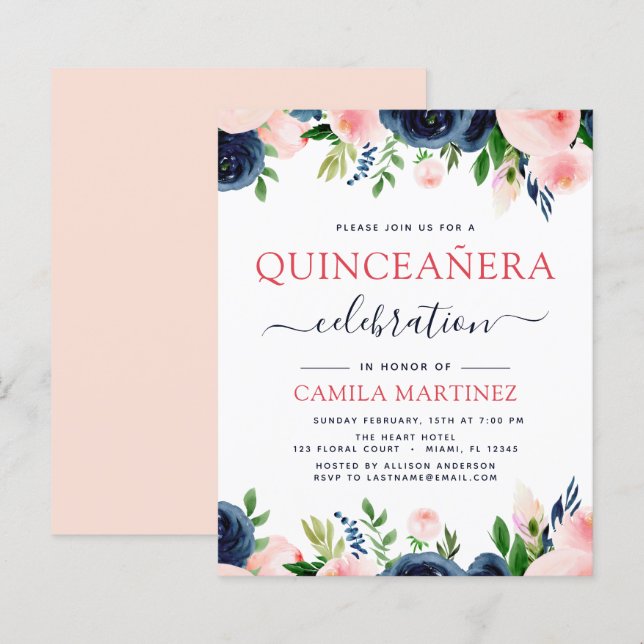 Papier Budget Blush Rose Navy Blue Floral Quinceanera (Devant / Derrière)