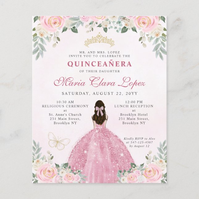 Papier Budget Blush Rose or Floral Princesse Quinceañera (Devant)