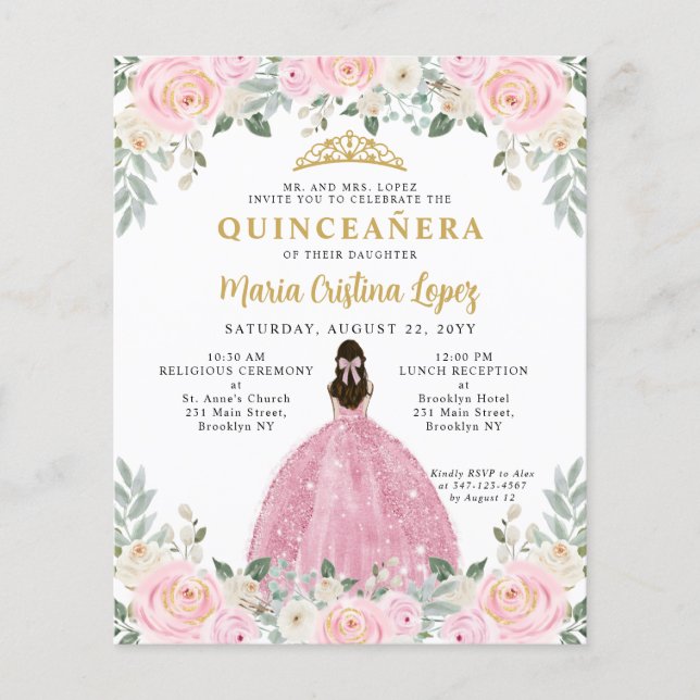 Papier Budget Blush Rose or Floral Princesse Quinceañera (Devant)