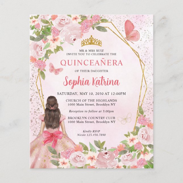 Papier Budget Blush Rose or Floral Princesse Quinceañera (Devant)
