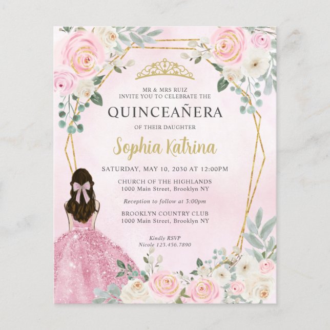 Papier Budget Blush Rose or Floral Princesse Quinceañera (Devant)