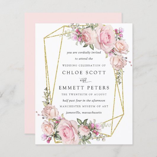 Papier Budget Blush Rose Rose Faire-part de mariage Flora (Devant / Derrière)