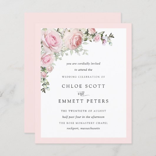 Papier Budget Blush Rose Rose Faire-part de mariage Flora (Devant / Derrière)