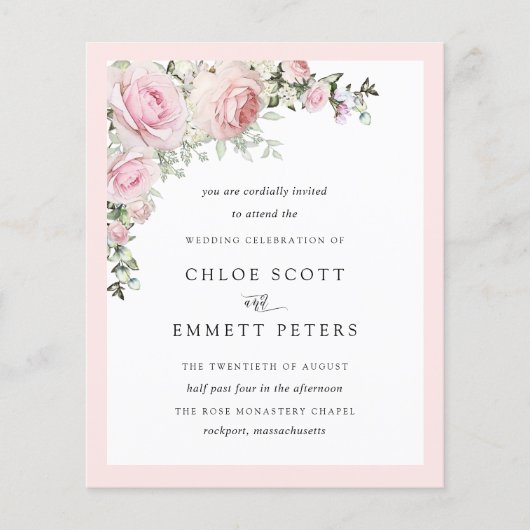 Papier Budget Blush Rose Rose Faire-part de mariage Flora (Devant)