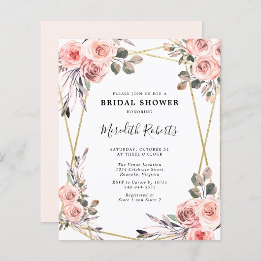 Papier Budget Blush Rose Roses Bridal Douche Invitation (Devant / Derrière)