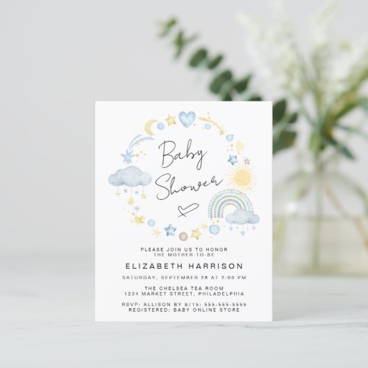 Papier Budget Boho Aquarelle bébé garçon douche Invitatio (Debout devant)