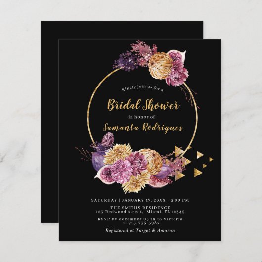 Papier Budget Boho Automne Black Bridal Shower Invitation (Devant / Derrière)
