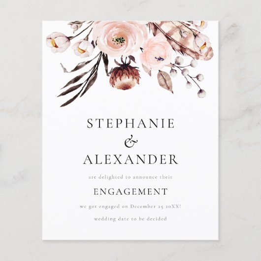Papier Budget Boho Blush Florals Fiançailles Faire-part (Devant)