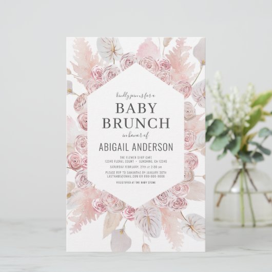 Papier Budget Boho Blush Rose Baby Brunch Invitation (Debout devant)