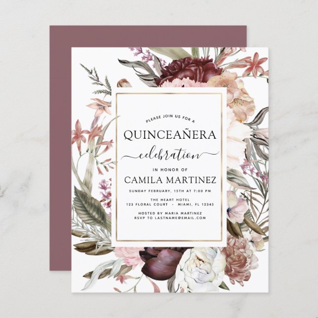 Papier Budget Boho Bourgogne Quinceañera Floral (Devant / Derrière)