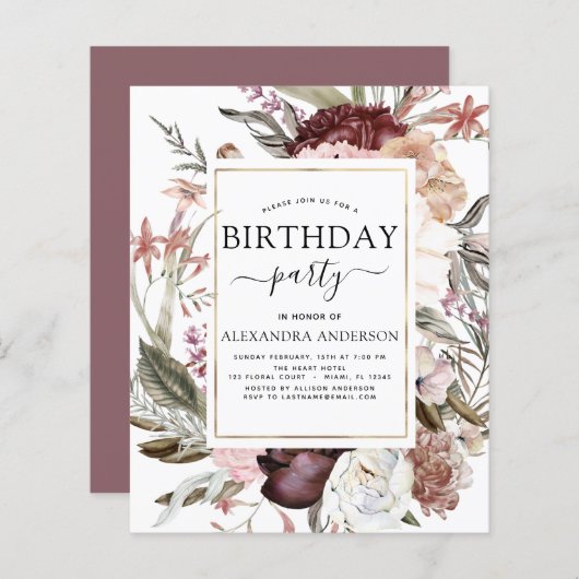 Papier Budget Boho Bourgogne Tout âge Anniversaire Invita (Devant / Derrière)