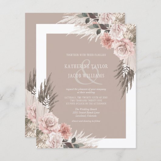 Papier Budget Boho Champagne Faire-part de mariage beige (Devant / Derrière)