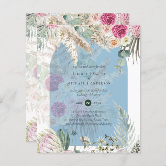 Papier BUDGET BOHO Dusty Blue Floral Pampas Grass Mariage (Devant / Derrière)