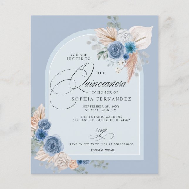 Papier Budget Boho Dusty Blue Pampas Quinceanera Invitati (Devant)